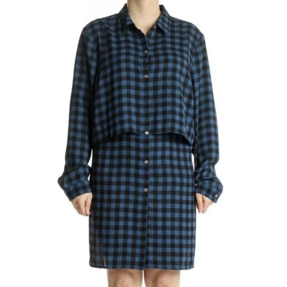 J.Jill Women's Blue Black Buffalo Check Plaid Layered Size XL Shirt‎ Dress Tunic
